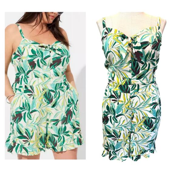Torrid 5 (5X 28) Green Tropical Palm Tie Front Challis One Piece Shorts Romper - Picture 1 of 4
